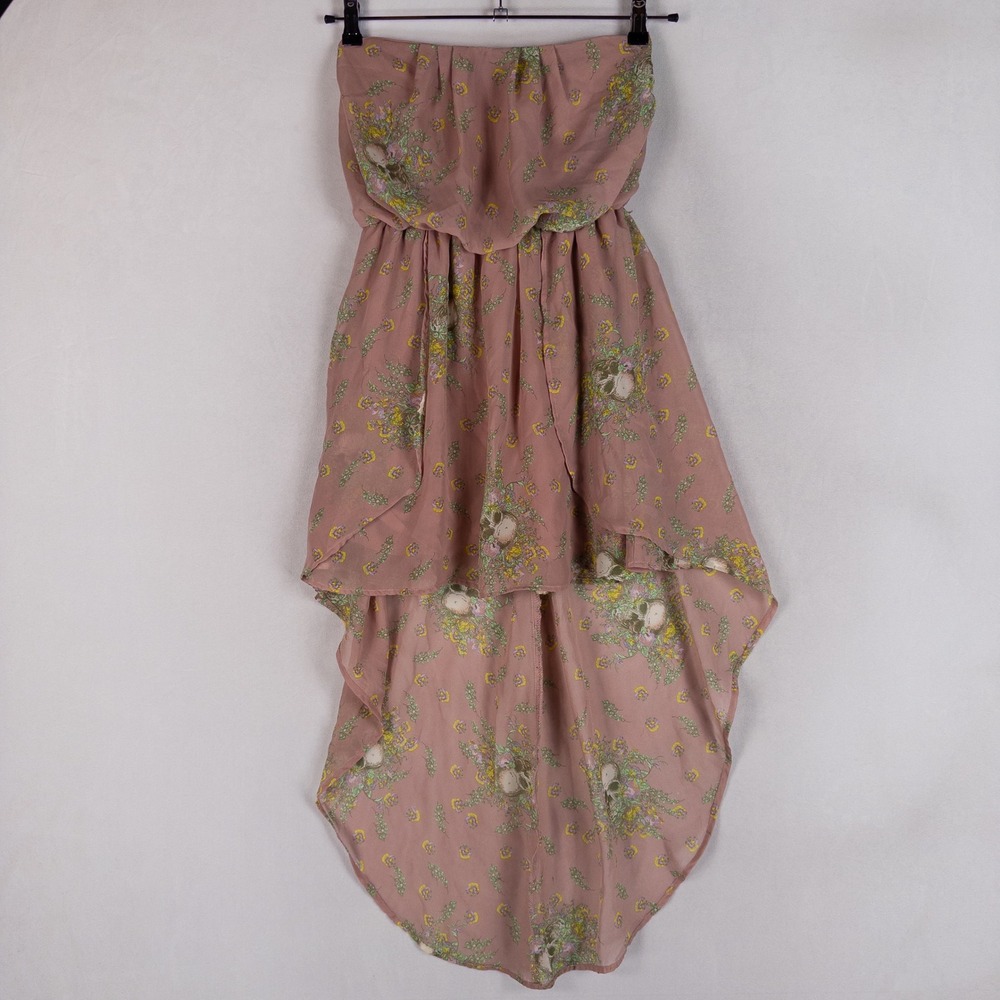 Love Fire Hi-Low Dress Juniors Small Pink Skull Floral Strapless Boho Festival